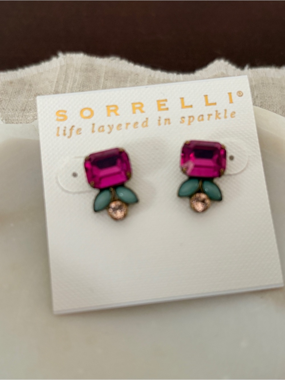 Sorrelli Fuchsia Crystal Studs with Mint Accents and Champagne Drop - Picture 4 of 4